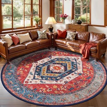 Imagem de SERISSA Tapete Boho redondo, tapete circular lavável antiderrapante de 1,8 m, ultramacio, oriental, vintage, ferrugem, tapete circular para quarto, entrada, quarto de crianças, escritório, faculdade,