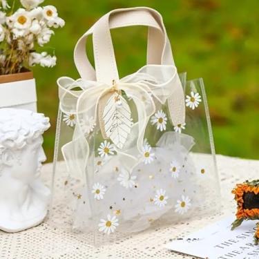 Imagem de Sacos de presente transparentes com alças, lembrancinha de festa reutilizável transparente de flores de PVC, incluindo cartões comemorativos e fita, ideal para chá de bebê, casamento, aniversário
