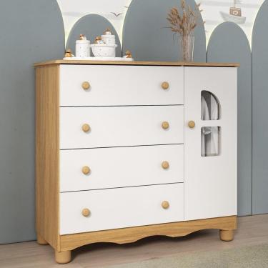 Imagem de Cômoda Infantil 95cm 1 Porta Com Vidro E 4 Gavetas Aurora Multimóveis MP4499 Madeirado/branco