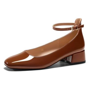Imagem de Coutgo Sapato feminino de salto baixo grosso fechado bico quadrado com tira no tornozelo, vestido de formatura de casamento, Marrom, 37