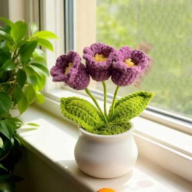 Imagem de Vaso de flores de crochê, decoração de vaso de lírio do vale de crochê feito à mão, pequenos vasos de flores, ideal para mesas de casa, varanda, quarto e presente (Lily of The Valley)