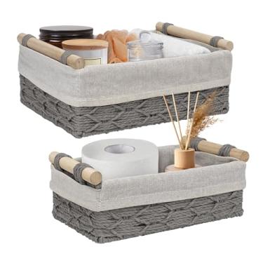 Imagem de Cestas de armazenamento de vime com alça de madeira, caixas organizadoras de corda de papel decorativas para casa, banheiro ou bancada, cestas pequenas conjunto de 2 (cinza)