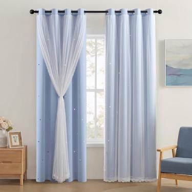 Imagem de XiDi Cortinas blecaute azul-celeste para quarto de meninas, sala de estar, 182 cm de comprimento, 2 painéis, cortinas estrelas, escurecimento de quarto de crianças, cortinas com isolamento térmico
