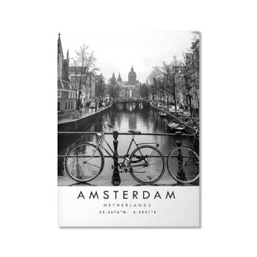 Imagem de Pôster de viagem preto e branco impressão de paisagem da cidade do mundo pintura em tela Amsterdã imagem de arte de parede decoração de casa (20 x 28 polegadas (50 x 70 cm), sem moldura)