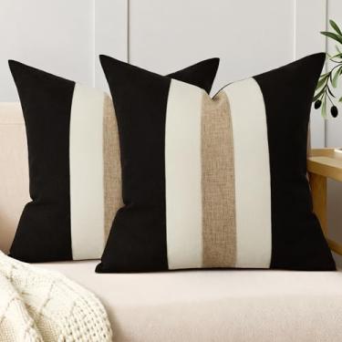 Imagem de QoBexim Conjunto de 2 capas de almofada decorativas de algodão e linho de 45,7 x 45,7 cm, preto e bege com detalhes modernos de casa de fazenda para sofá, decoração de casa ao ar livre