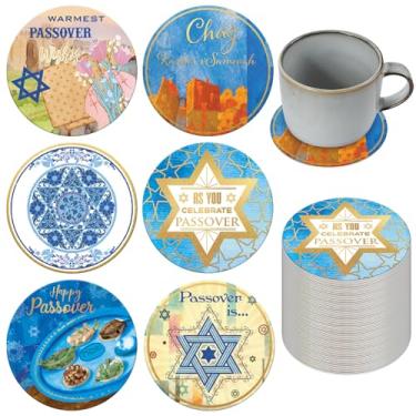 Imagem de Bokon 24 conjuntos de porta-copos de Páscoa para proteção de mesa, 6 estilos, 4 bebidas absorventes, estrela de Davi, jantar para decoração de mesa de Páscoa, presentes cristãos, 10 cm