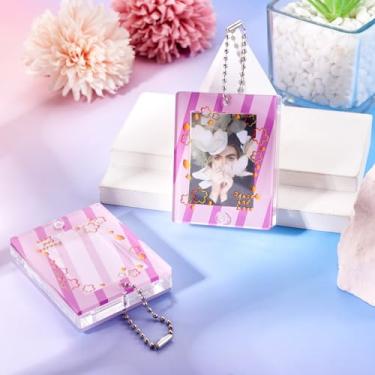 Imagem de 1 mini porta-retrato de acrílico para fotos em branco, porta-retratos de acrílico transparente com corrente esférica, leve para lembranças, presente de Natal, roxo