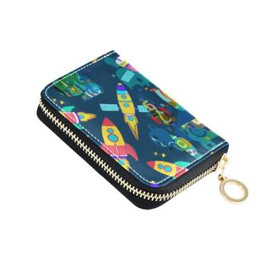 Imagem de Carteira feminina de desenho animado colorido foguete azul espaço pequeno bonito porta-cartões carteira bloqueio RFID bolsa de moedas floral com zíper