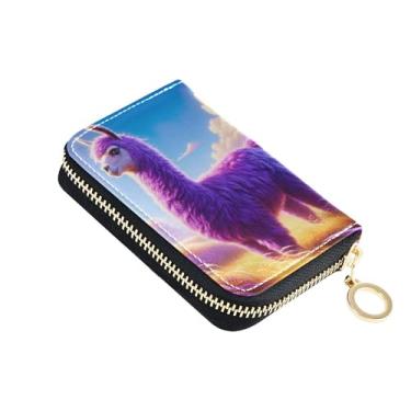 Imagem de Carteira feminina com zíper, protetor de cartão de crédito, bloqueio RFID, pequena carteira masculina com bolso para moedas, roxo lhama fantástico