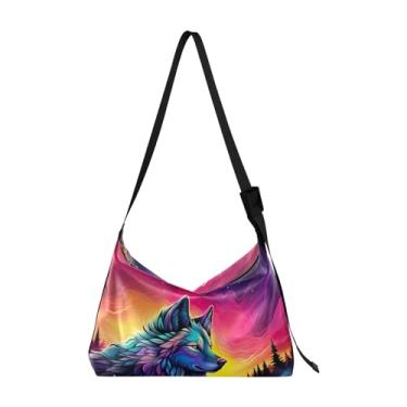 Imagem de Bolsa tiracolo de couro dragão verde, bolsa de ombro masculina, bolsa de couro sintético, Lobo com uma aurora, One Size