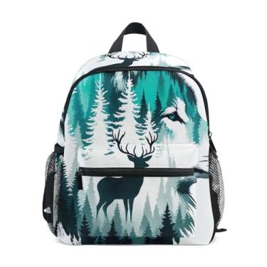 Imagem de GAIGEO Wolf Deer Watercolor Forest Kids Small Backpack with Whistle, 2 Bottle Pockets, Lightweight, Kindergarten Backpack 10x4x12 In, for Ages 3-8