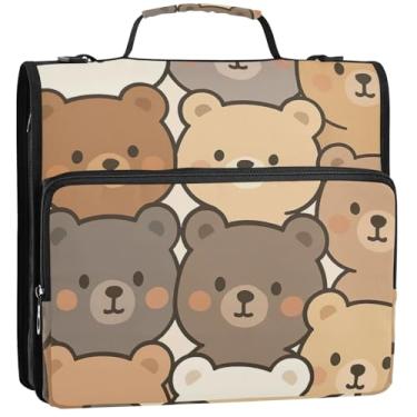 Imagem de Organizador de fichário grande com zíper, 3 anéis, anel D de 3,5 cm, urso de desenho fofo, marrom, bege, vários bolsos, pasta de portfólio grande, pasta escolar com alça de ombro, 34,5 x 31,5 x 9 cm
