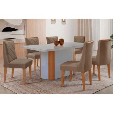 Imagem de Sala Jantar Mesa Pietá Tampo c/ Vidro Curvo 180cm+6 Cadeiras Pietá Naturale/Off White - Suede Capuccino - Rufato