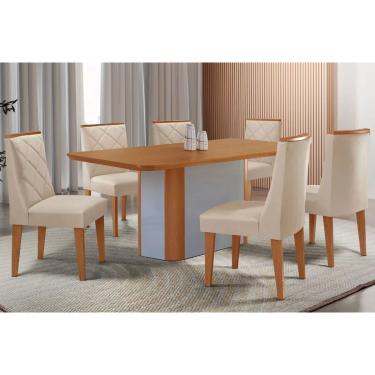 Imagem de Sala Jantar Mesa Pietá Tampo Curvo 180cm+6 Cadeiras Pietá Madeira Naturale/Off White - Capuccino/Suede Creme - Rufato