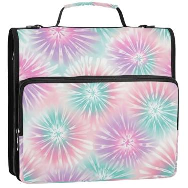 Imagem de Fichário rosa pastel tie dye com 3 anéis de 3,5 cm D organizador de fichários escolares bolsa com alça de ombro carteira de trabalho comporta 500 folhas, 34,5 x 31,5 x 8,9 cm