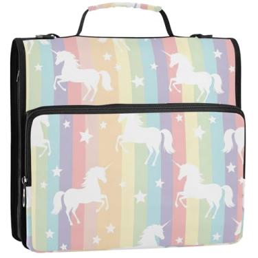 Imagem de Organizador de fichário com zíper e listras arco-íris pastel de unicórnio branco, 3 anéis, bolsa escolar com alça de ombro, portfólio e estojo para pasta de anel, 34,5 x 31,5 x 9 cm