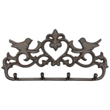 Imagem de RIXIGOOD Cabide vintage de ferro fundido montado na parede com 4 ganchos - suporte de gancho de parede rústico, porta-chaves de fazenda, gancho de toalha resistente, design decorativo de pássaro e