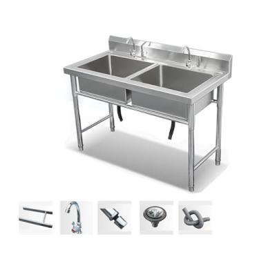 Imagem de Pia de aço inoxidável independente Pia utilitária de aço inoxidável 304 conjunto de pia de cozinha pia culinária com torneira de água fria e quente para restaurante, lavanderia, quintal, garagens