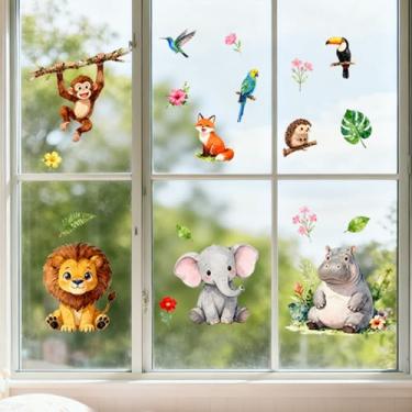 Imagem de ANATTASOUL Adesivos de janela estática macaco e elefante 1 folha reutilizável decalque de janela para vidro, 120 cm x 30 cm adesivo de janela dupla face removível para quarto, escritório, decoração de