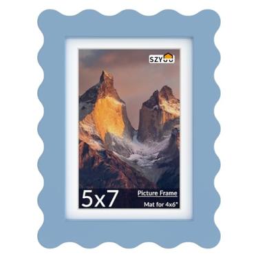 Imagem de SZYUU Porta-retrato ondulado 12 x 17 cm com tapete para 10 x 15 cm, moldura de vidro real e madeira - moldura para pendurar na mesa ou na parede (pacote com 1, azul)