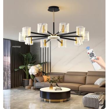 Imagem de Luminária de teto pendente LED moderna em acrílico para sala de estar, nas cores preto e dourado, com altura ajustável, controle remoto, dimerizável, 100 W, para uso interno, em metal (Ø85 c