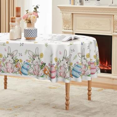 Imagem de Horaldaily Toalha de mesa de Páscoa 152 x 213 cm, oval, coelhinhos, cenoura, ovo de Páscoa, margarida, borboleta, lavável, toalha de mesa sazonal para decoração de festa, piquenique, jantar