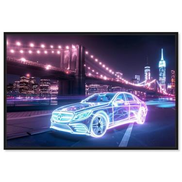 Imagem de Art Remedy Impressões de arte neon neon em tela de carro NYC brilhante, moldura preta, 38 x 25 cm