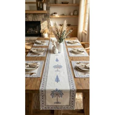 Imagem de Conjunto de jogo americano e corredor de mesa Santorini Palms – 6 jogos americanos + 1 corredor – Impressão artesanal em bloco, 100% algodão, linho de mesa de jantar e cozinha | Coleção de palmeiras e