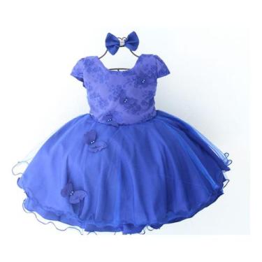 Imagem de Vestido De Festa Infantil Azul Borboleta Jardim Luxoe Tiara - Pingo De