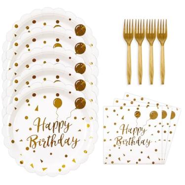 Imagem de BOKFJBP 48 peças de pratos e guardanapos de feliz aniversário - Conjunto de pratos e guardanapos de bolo recortados de aniversário brancos e dourados descartáveis com garfos para decorações de festa