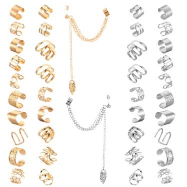 Imagem de YBEATY 60 peças de brincos de orelha para mulheres, não perfurantes, brincos de cartilagem, brincos falsos, ajustáveis, joias para cartilagem de hélice, ouro prateado