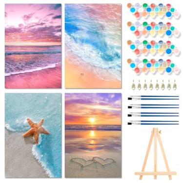 Imagem de Muzagroo Art 4 kits de pintura por números para adultos, tela emoldurada com cavalete de madeira, faça você mesmo, kits de pintura a óleo acrílica de praia, pintura por números em tela, arte de parede