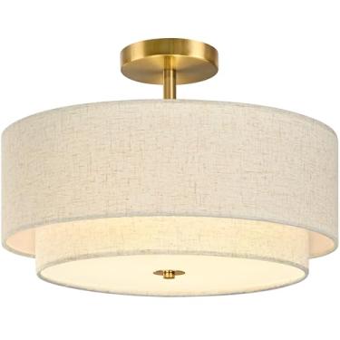 Imagem de Luminária de teto com 3 luzes semi-embutidas, luminária de teto dourada moderna de 15,7 polegadas com persiana de tecido de 2 camadas regulável perto da luz de teto para sala de estar, corredor