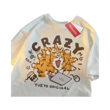 Imagem de Camiseta Feminina Verde Claro Crazy Orange Cat Engraçada De Manga Curt