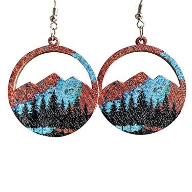 Imagem de Brincos com pingente de montanha de neve de madeira da natureza vaqueira ocidental padrão de árvore de gancho de lágrima oco para mulheres meninas declaração cowboy joias ao ar livre, Madeira, madeira