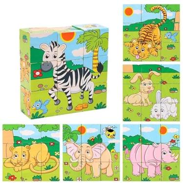 Imagem de Brinquedo Educativo Blocos de Madeira para Bebê e Crianças – Cubo Quebra-Cabeça 6 Lados Interativo, Jogo de Encaixe, Aprendizagem Precoce e Cognição (Animal - opção 1)