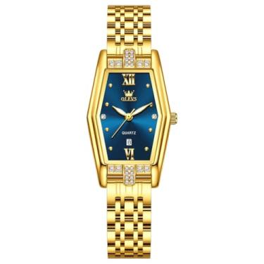 Imagem de OLEVS Relógio feminino dourado, aço inoxidável, moderno, analógico, quartzo, luminoso, à prova d'água, relógio Wrsit, Relógios modernos: azul
