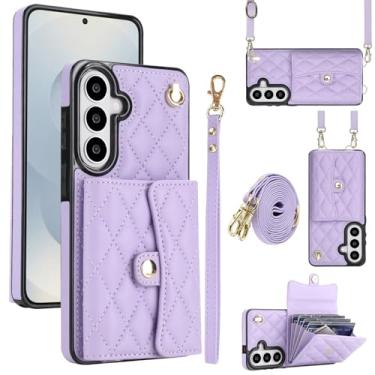 Imagem de Capa para Samsung Galaxy S26 Plus, capa carteira para celular com compartimentos para cartões e suporte, capa antiqueda com bloqueio de RFID, bolsa com pulso removível e alça longa para mulheres (roxa