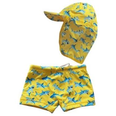 Imagem de Conjunto Praia Bebê Sunga Boxer e Boné Microfibra Proteção UV Tubarões Amarelo Everly-Masculino