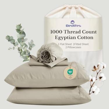 Imagem de Bedlifes Lençóis de algodão egípcio 1000 fios tamanho Queen, 4 peças de bolso profundo de 40,6 cm - roupa de cama ultramacia refrescante e respirável para conforto do hotel (Cáqui)