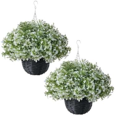 Imagem de 2 peças de buxo artificial com cesta suspensa – plantas falsas Aglaia Odorata para pendurar folhas de eucalipto resistentes a UV para varanda, pátio, jardim, casa de fazenda, decoração de casa