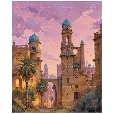 Imagem de TAOPAOLAB Kit de pintura por números de minaretes do pôr do sol para adultos - DIY Sunset City com minaretes azuis e palmeiras pintura em tela 40,6 × 50,8 cm, conjunto de tinta acrílica para