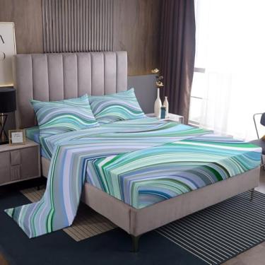 Imagem de Erosebridal Jogo de cama Queen geométrico boêmio listrado para crianças, meninos, meninas, fantasia, arco-íris, tribal, azul, verde, lençol com bolso profundo