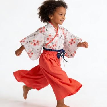 Imagem de Fantasia de quimono para meninas, conjunto de roupas de samurai para crianças, vestido de princesa japonês, fantasia de Halloween, cosplay, capa, capa de flor de ameixa