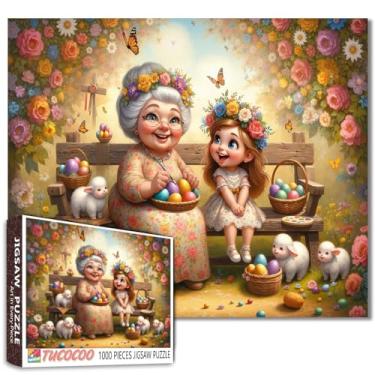 Imagem de Quebra-cabeça de Páscoa adultos 1000 peças avó e neta DIY artesanato primavera pátio arte sala de estar decoração de parede atividades engraçadas presentes ovos de Páscoa quebra-cabeças