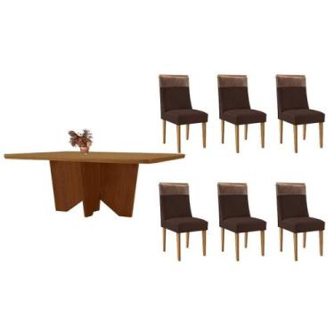 Imagem de Sala Jantar Mesa Nevada Tampo Curvo 180cm+6 Cadeiras Jaspe Madeira Nat
