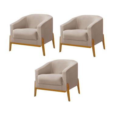 Imagem de Kit 3 Poltronas Living Base Em Madeira Maciça Flórida Veludo Bege - Bege