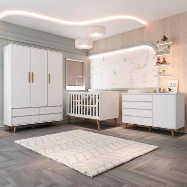 Imagem de Quarto Bebê Retrô Completo Lorena Berço Americano 3Em1 Cômoda Infantil Guarda Roupa 3 Portas 100% MDF