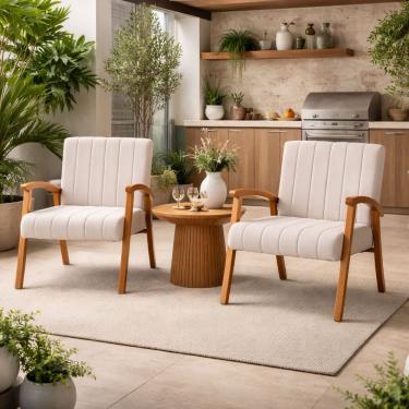 Imagem de Kit 2 Poltronas Haley Decorativa Linho Sala Estar Área Gourmet Varanda Madeira Maciça