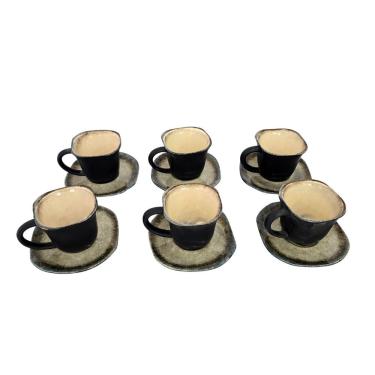 Imagem de Conjunto de Xícaras de Café 90ML Quadradas com Pires em Cerâmica Preto Fosco Interior Creme para Servir Scala